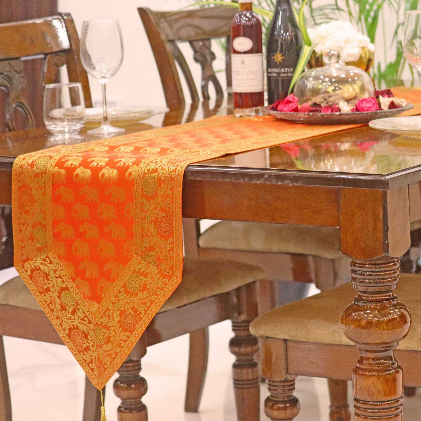 Princeton Orange V-Shape Silk Table Runner Indian Brocade Elephant Design 14x80 inch | Handmade Table Liners for Table Decor & Hostess Gift