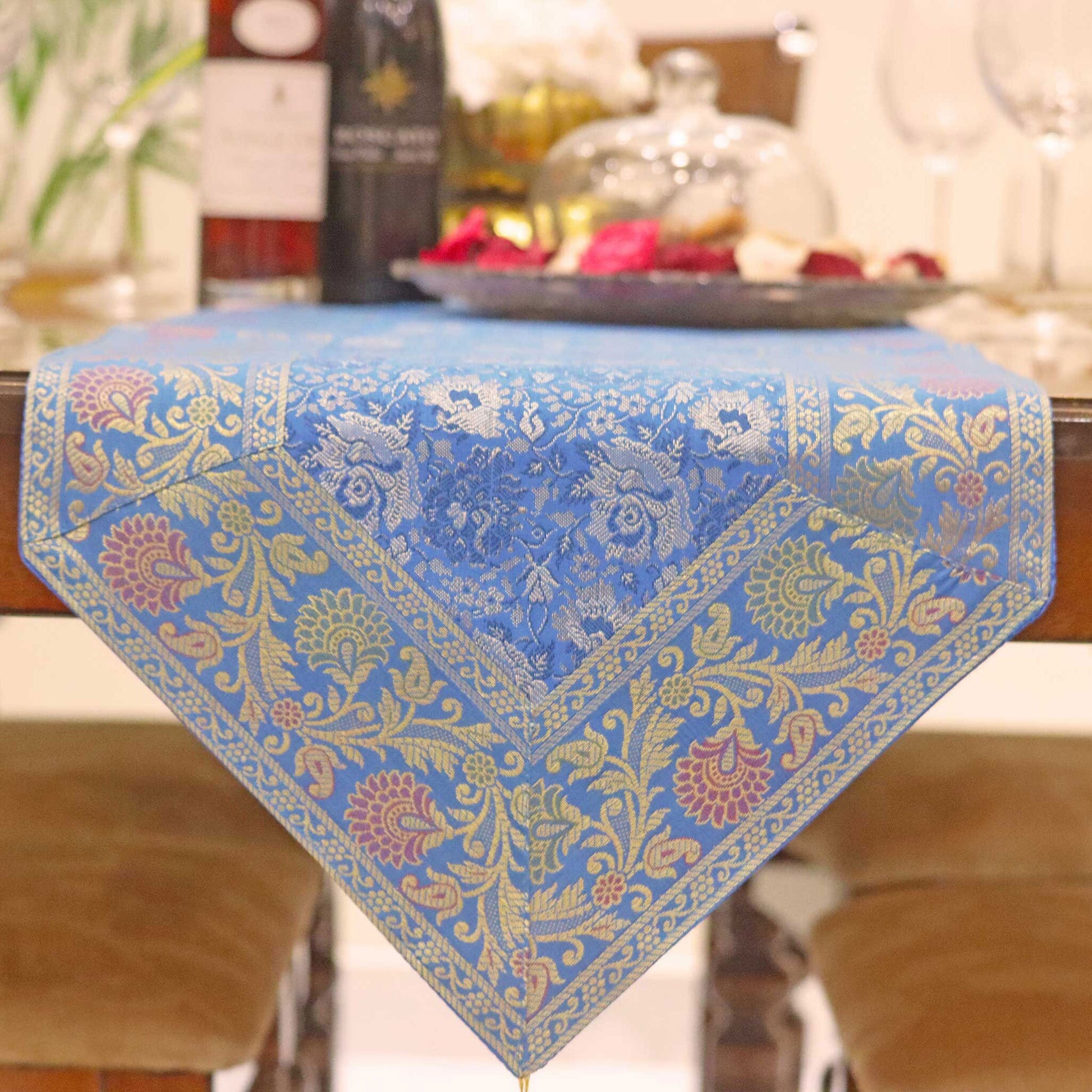 Cobalt Blue V-Shape Brocade Runner Indian Banarasi Floral Design 14x80 inch | Handmade Table Topper for Bohemian Decor & Wedding Gift