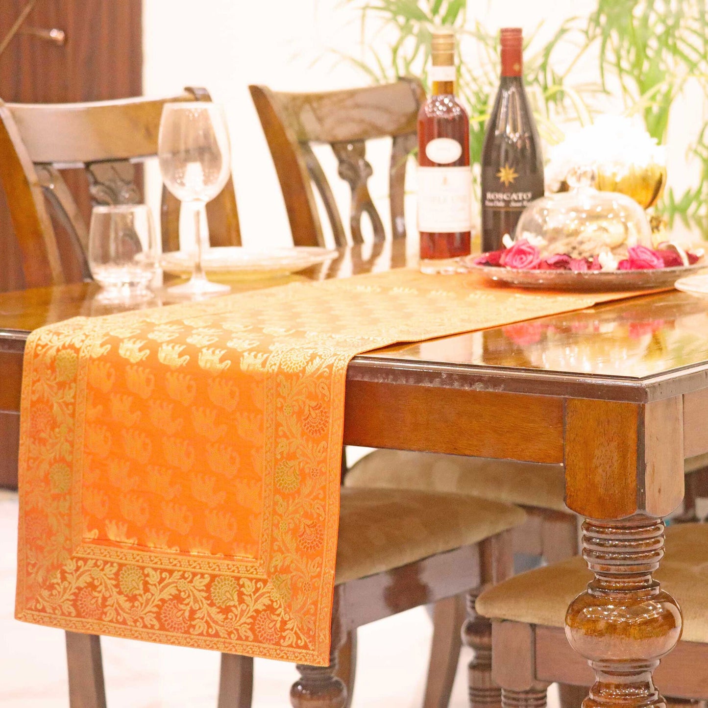 Orchard Orange Silk Runner Indian Banarasi Small Elephants Design 16x60 inch | Handmade Table Linens for Home Decor & Wedding Gift