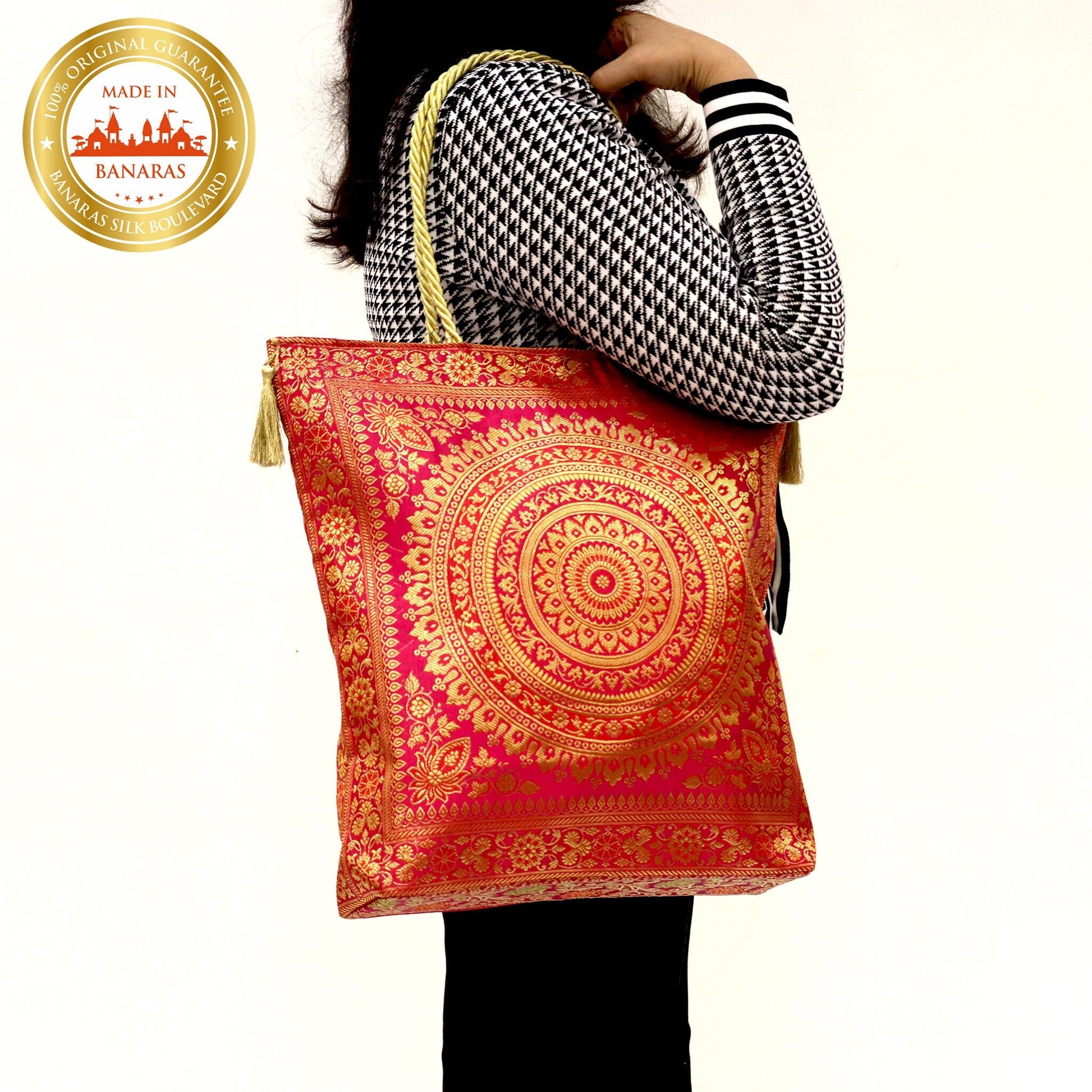 Queen Pink Banarasi Brocade Silk Tote Bag