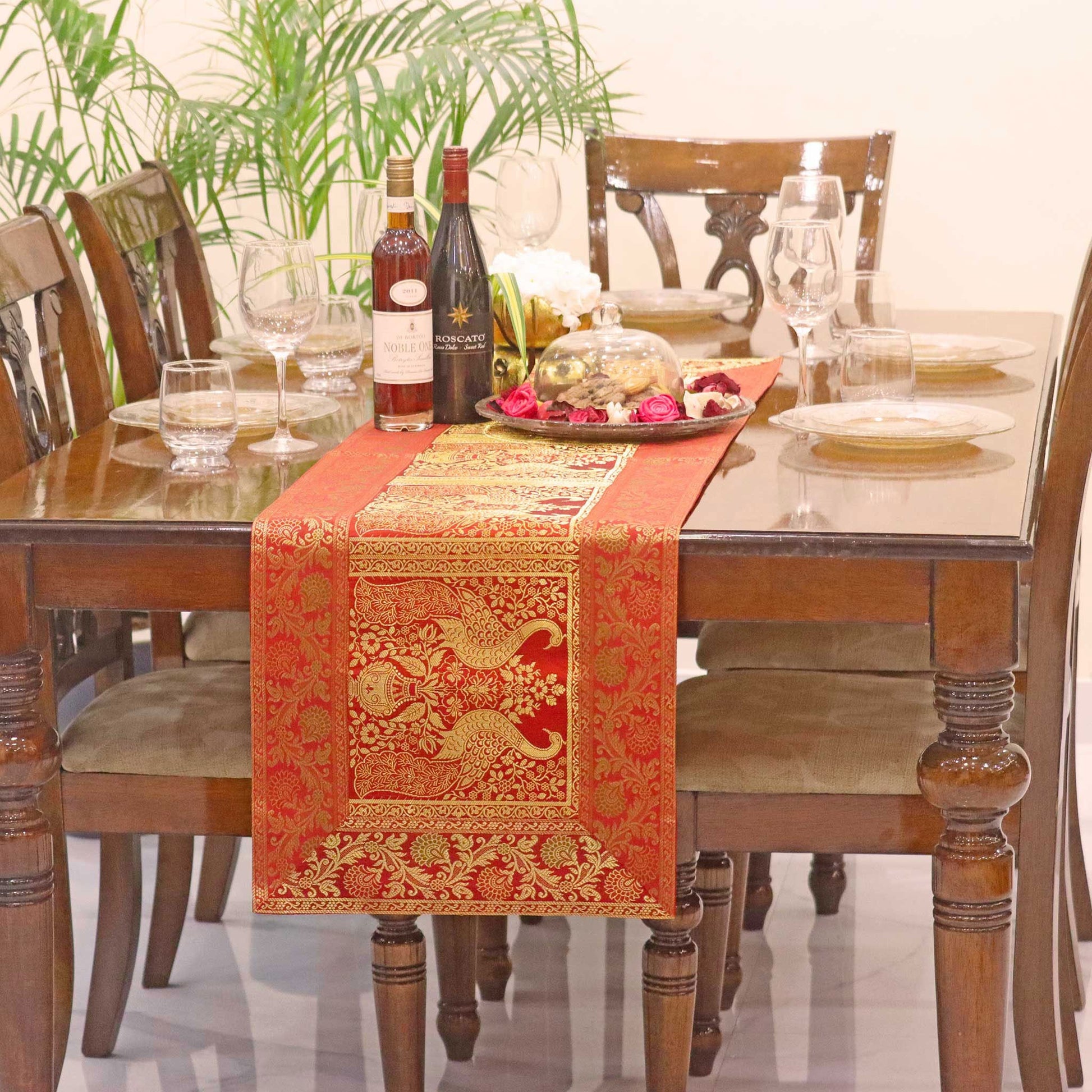 Brick Red Indian Table Runner Banaras Brocade Peacock Duo Design 16x60 inch | Handmade Table Linens for Table Decor & Housewarming Gift